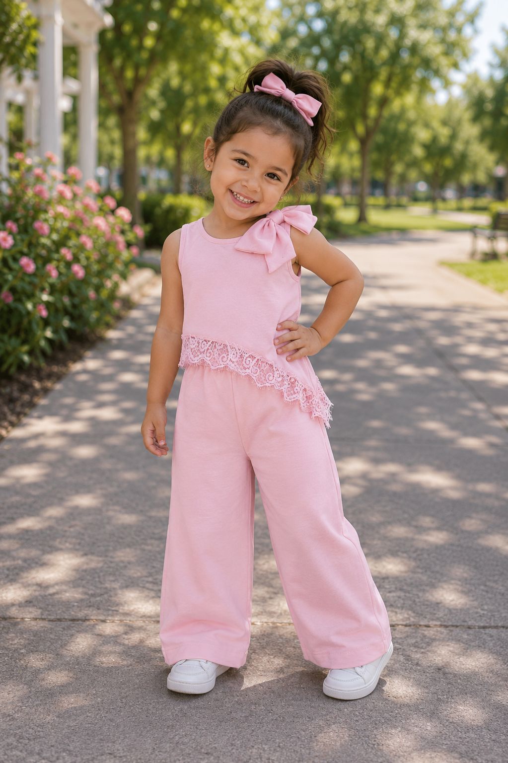 Conjunto Elegante de Niña: Jumpsuit / Enterizo con Detalle de Encaje y Moño – Ropa de Fiesta y Casual para Niñas