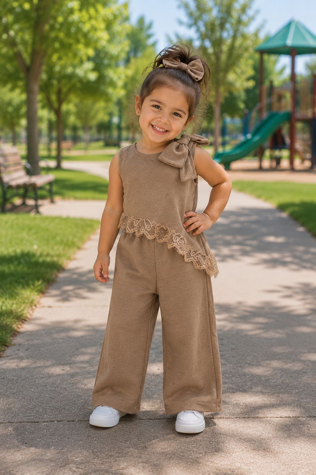 Conjunto Elegante de Niña: Jumpsuit / Enterizo con Detalle de Encaje y Moño – Ropa de Fiesta y Casual para Niñas