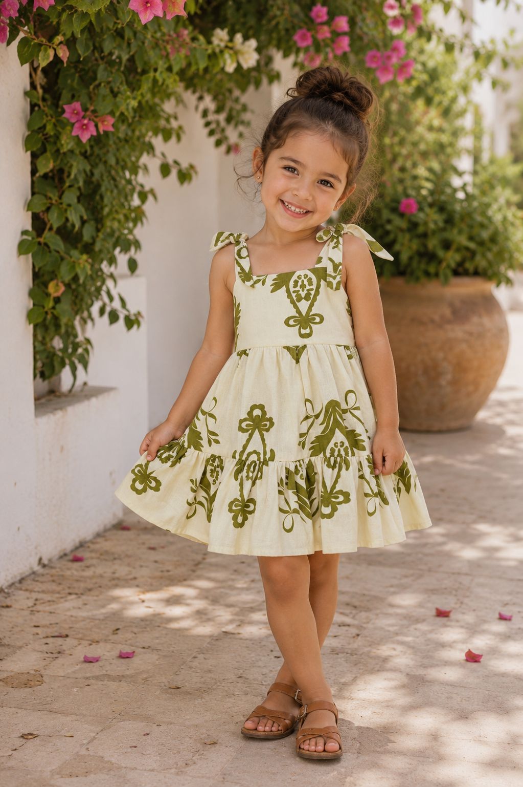 Vestido Infantil Niña Estampado Con Tirantes De Moño Elegante