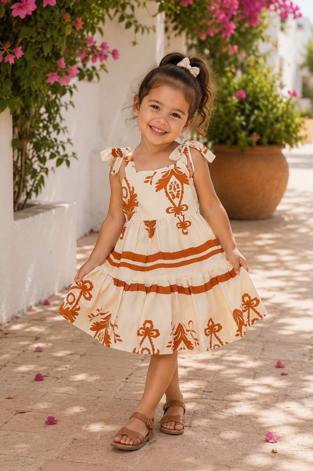 Vestido Infantil Niña Estampado Con Tirantes De Moño Elegante