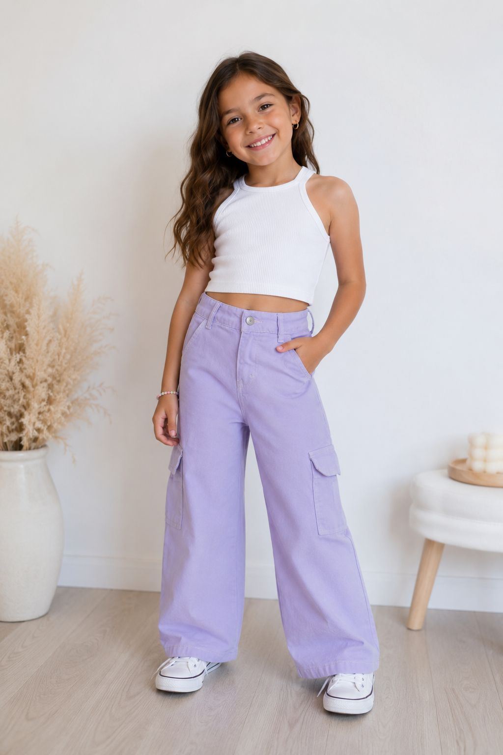 Pantalón Cargo Lila para Niña, Jeans de Pierna Ancha Aesthetic, Moda Infantil Casual Trendy