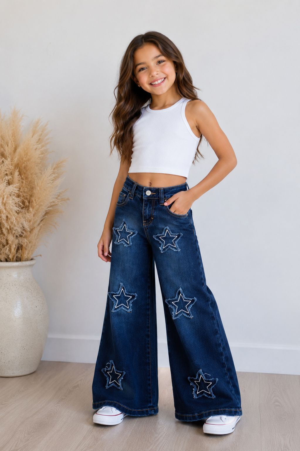 Pantalones Vaqueros Anchos con Estrellas Deshilachadas y Estilo Retro