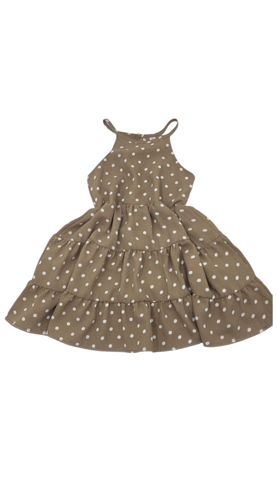 Vestido Infantil de Lunares Café con Cuello Halter y Olanes – Ropa Casual de Verano para Niñas