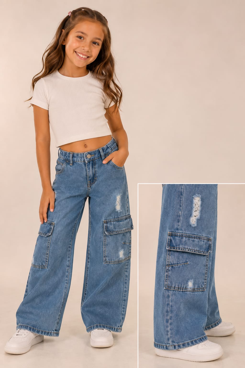 Jeans Cargo Wide Leg para Niña | Pantalón de Mezclilla con Bolsas Laterales y Cintura Elástica | Casual Fashion