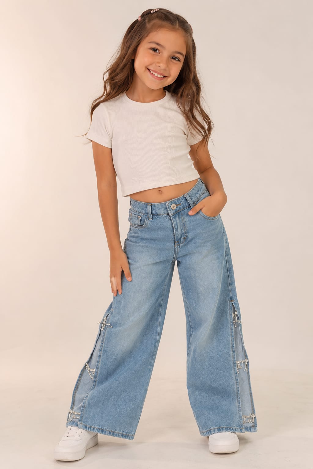✨ Pantalón Wide Leg para Niña con Aplicaciones de Brillos | Mezclilla Moderna y Cómoda