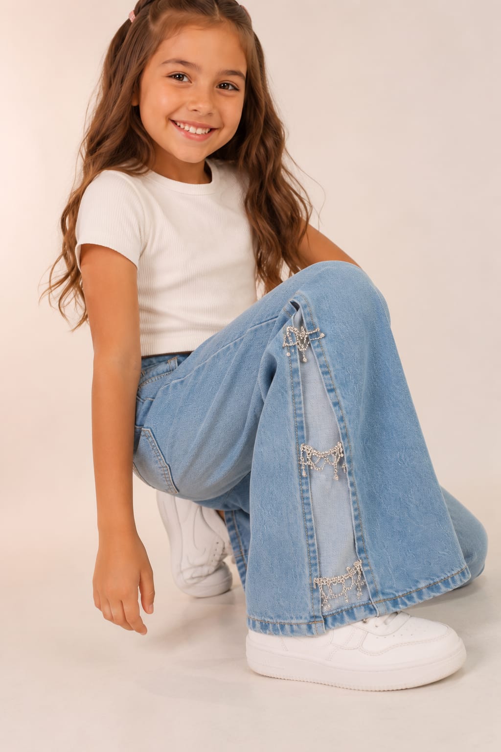 ✨ Pantalón Wide Leg para Niña con Aplicaciones de Brillos | Mezclilla Moderna y Cómoda