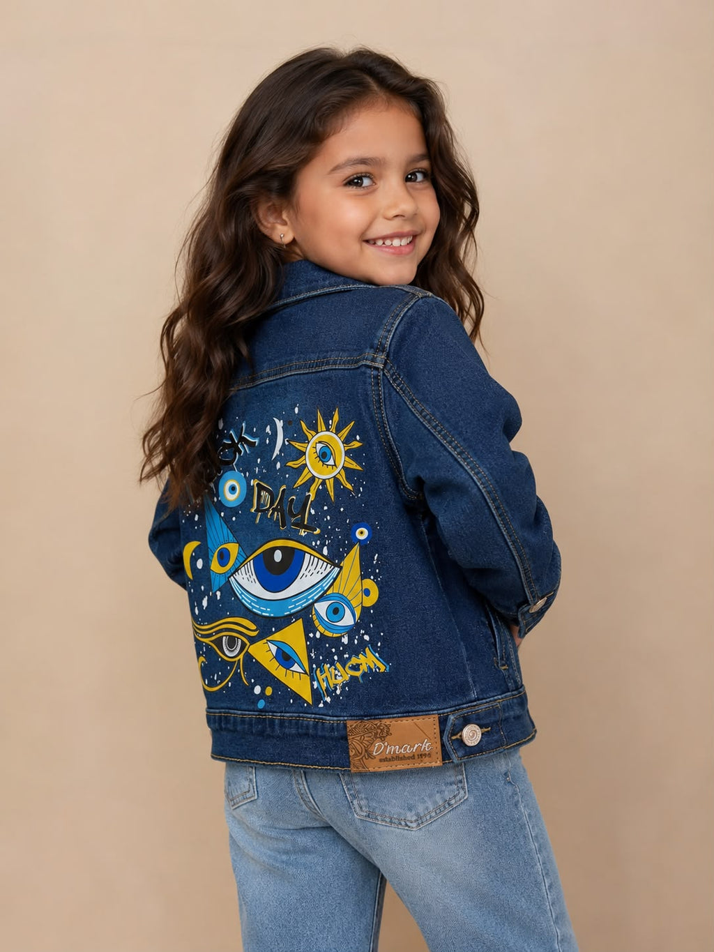 Chamarra de Mezclilla para Niñas con Diseño de Ojo Turco y Elementos Místicos - ¡Estilo y Protección!