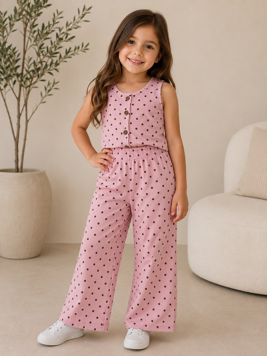 Conjunto Infantil de 2 Piezas para Niña | Top sin Mangas con Botones + Pantalón Wide Leg Estampado de Lunares | Casual y Cómodo