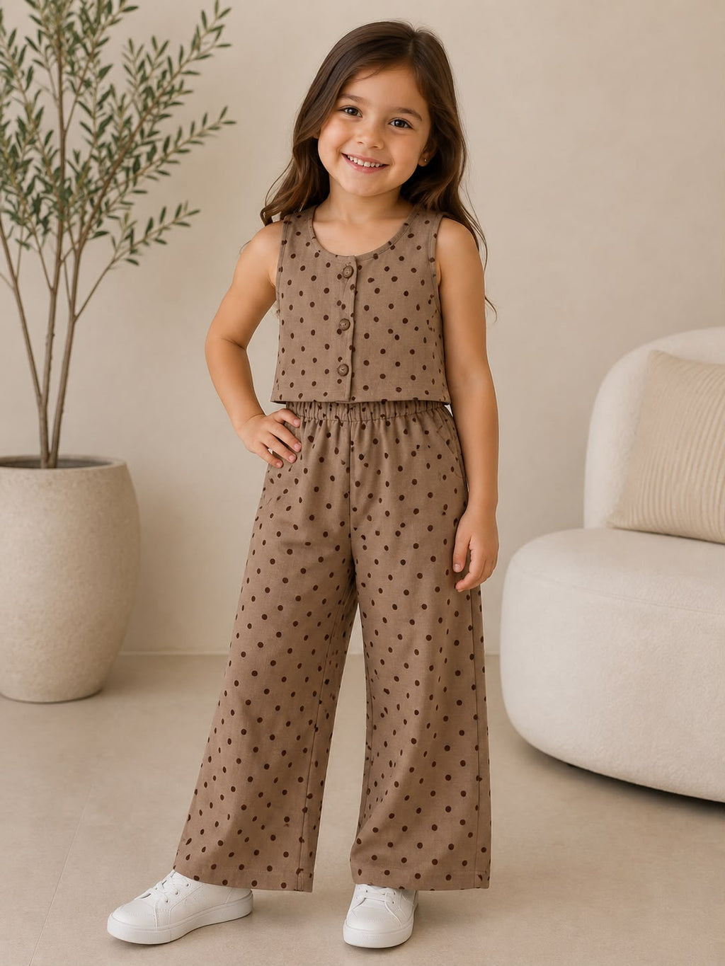 Conjunto Infantil de 2 Piezas para Niña | Top sin Mangas con Botones + Pantalón Wide Leg Estampado de Lunares | Casual y Cómodo