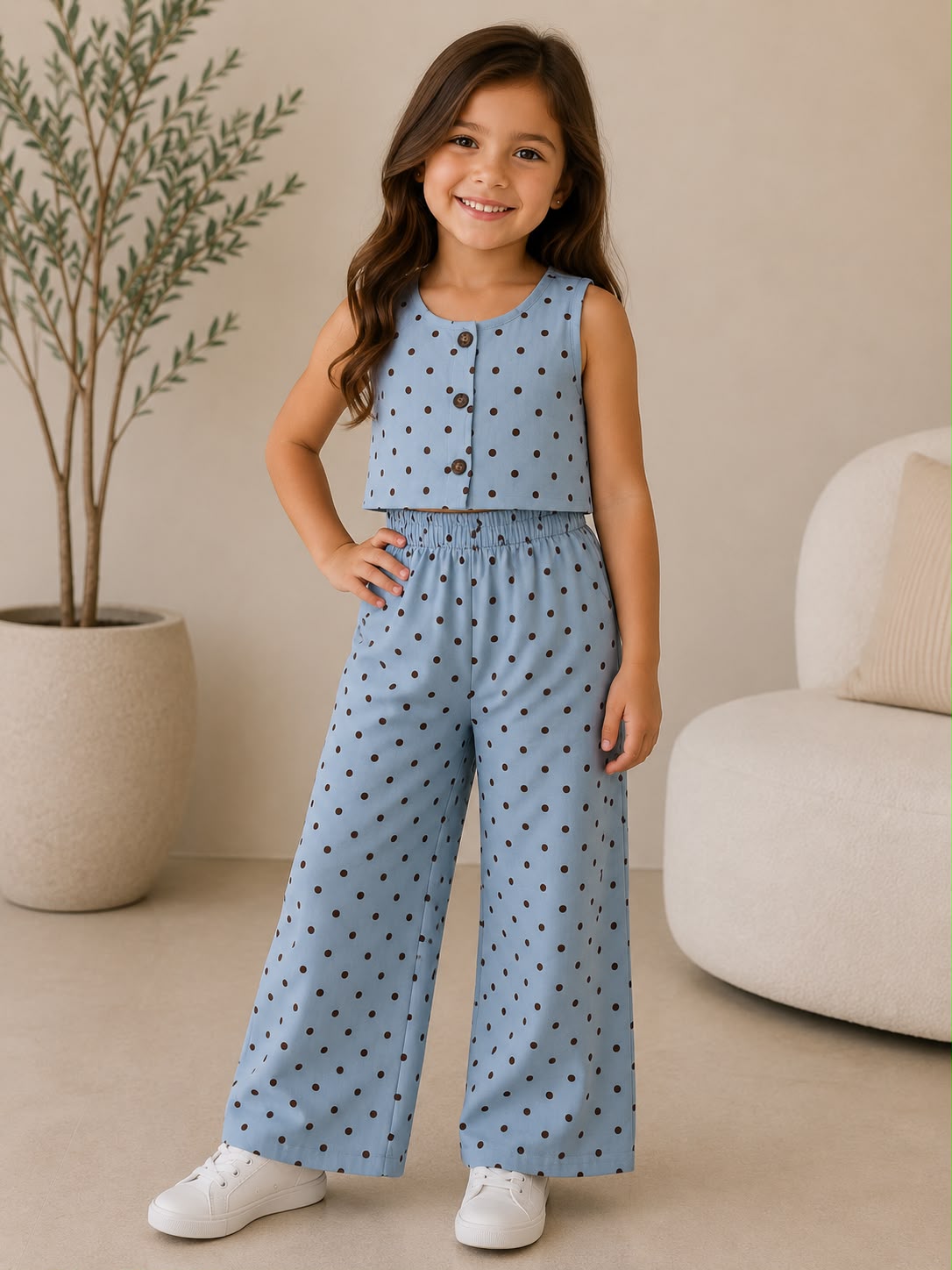 Conjunto Infantil de 2 Piezas para Niña | Top sin Mangas con Botones + Pantalón Wide Leg Estampado de Lunares | Casual y Cómodo
