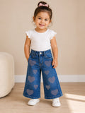 Pantalón de Mezclilla para Bebé Corte Ancho con Corazones de Pedrería