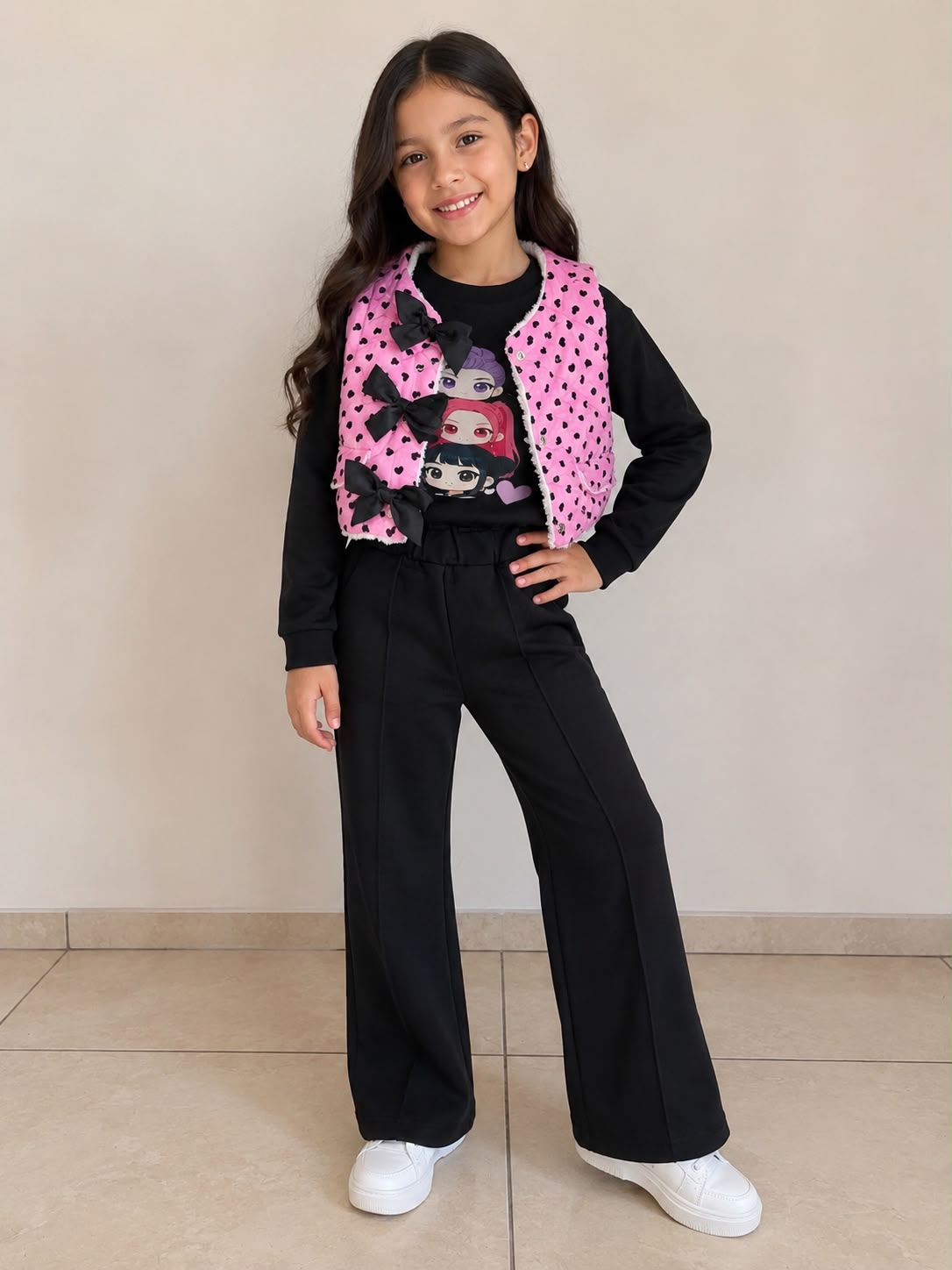 Conjunto 3 Piezas para Niña con Chaleco de Moños + Sudadera y Pantalón Wide Leg