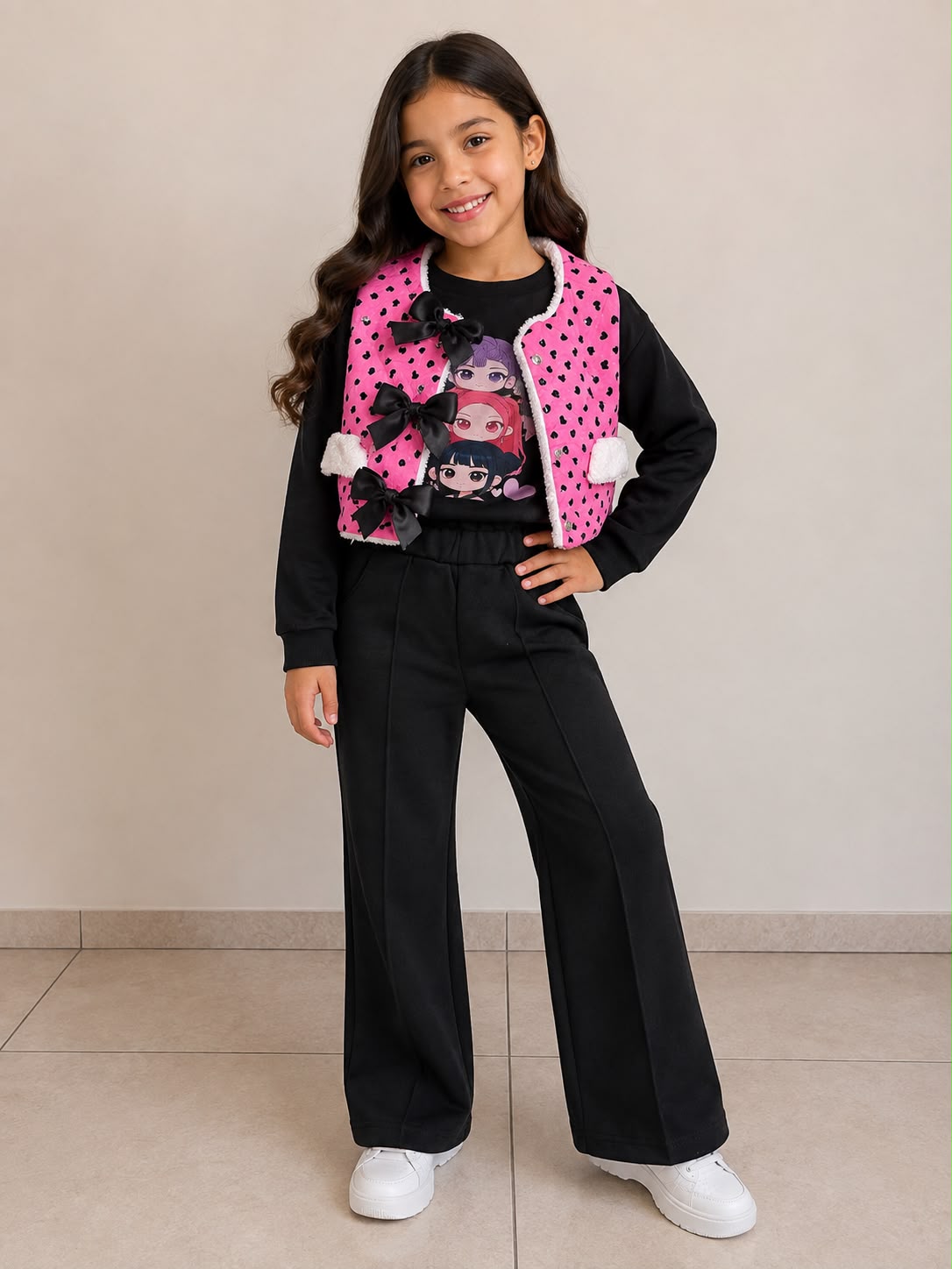 Conjunto 3 Piezas para Niña con Chaleco de Moños + Sudadera y Pantalón Wide Leg