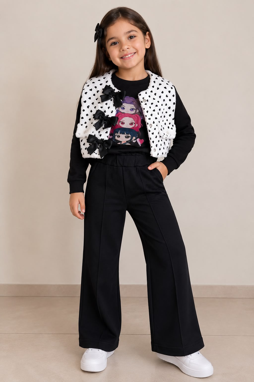 Conjunto 3 Piezas para Niña con Chaleco de Moños + Sudadera y Pantalón Wide Leg