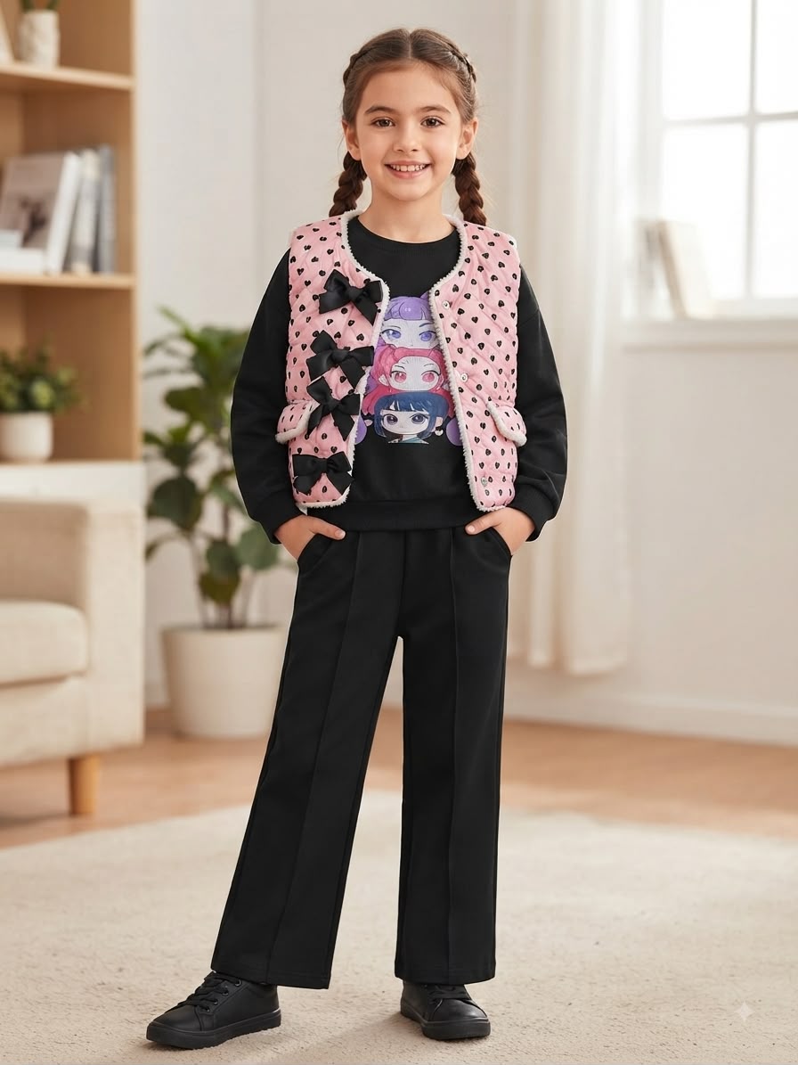 Conjunto 3 Piezas para Niña con Chaleco de Moños + Sudadera y Pantalón Wide Leg