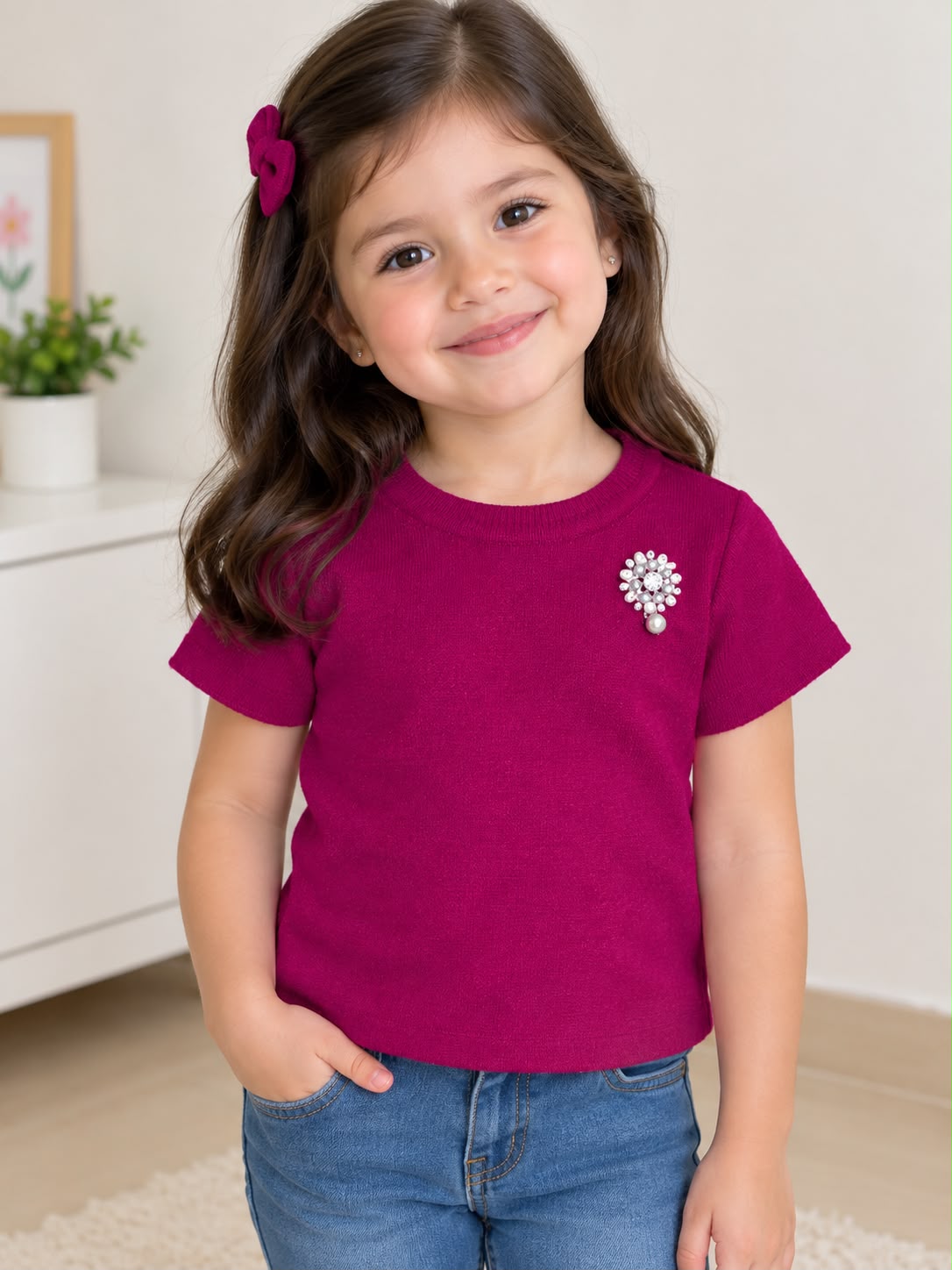 Blusa Tejida para Niña con Broche de Perlas ✨ Manga Corta – Varios Colores