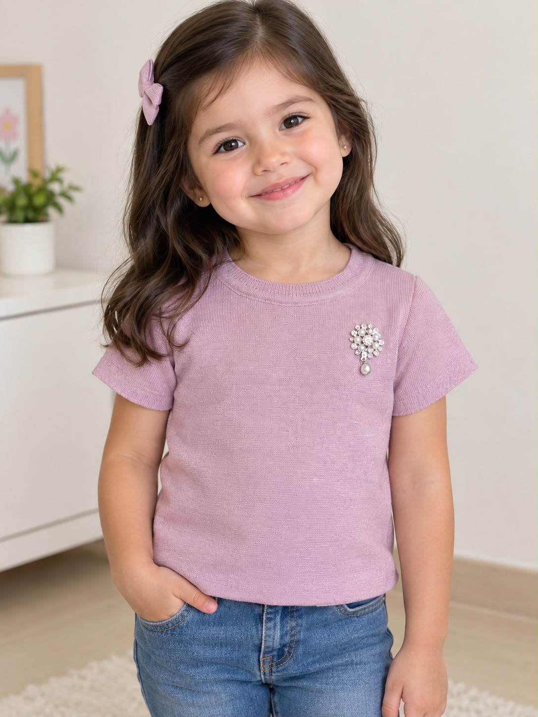 Blusa Tejida para Niña con Broche de Perlas ✨ Manga Corta – Varios Colores