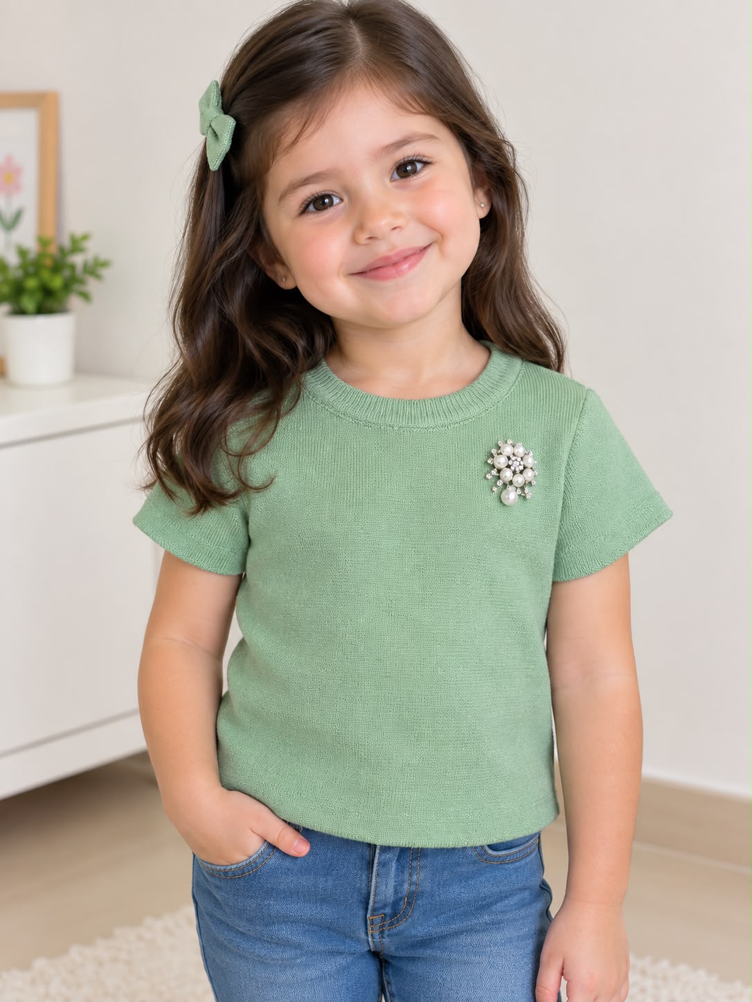 Blusa Tejida para Niña con Broche de Perlas ✨ Manga Corta – Varios Colores