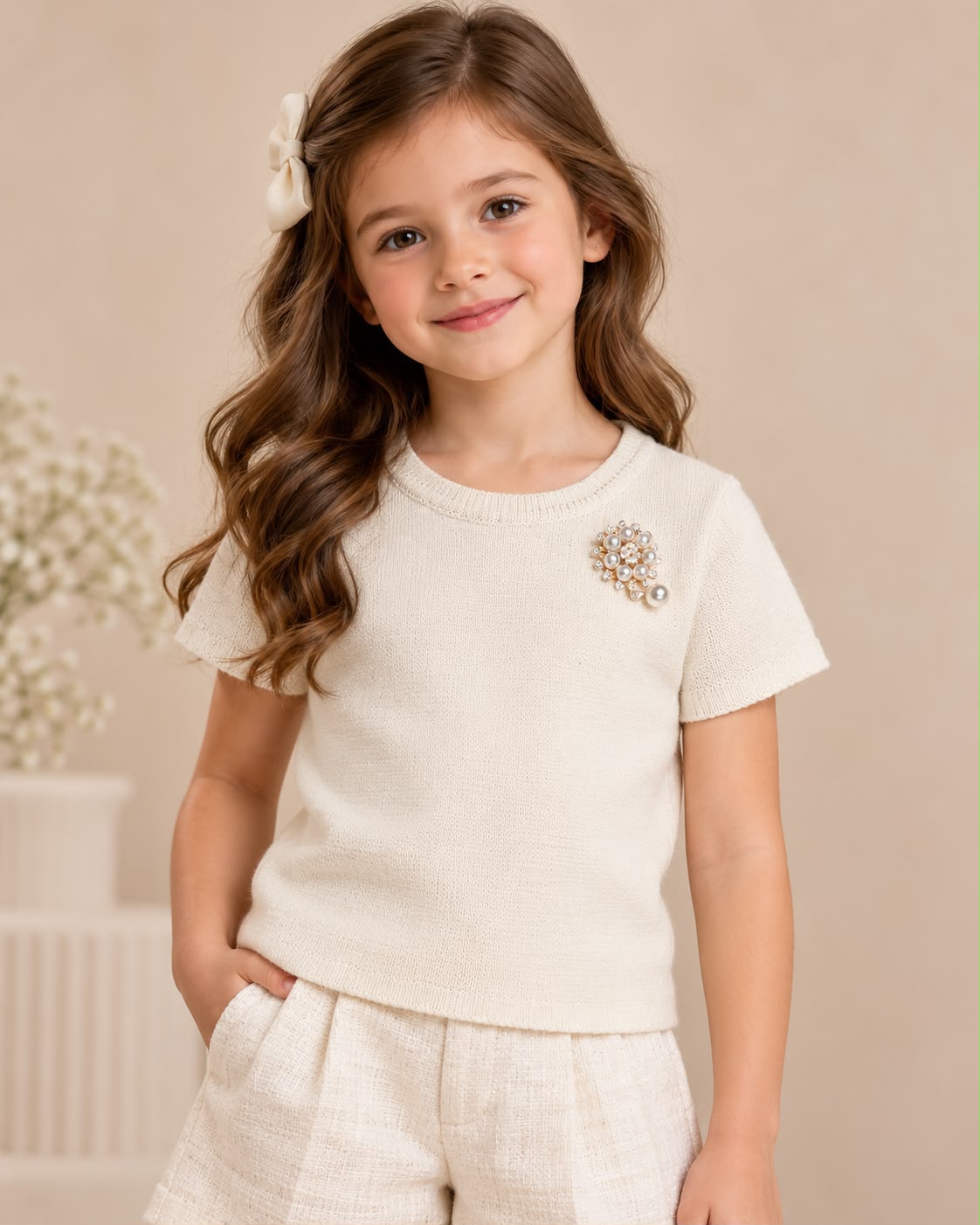 Blusa Tejida para Niña con Broche de Perlas ✨ Manga Corta – Varios Colores