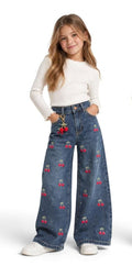 Pantalón de Mezclilla para Niña Wide Leg con Cerezas Bordadas 🍒👖 Jeans de Moda Infantil