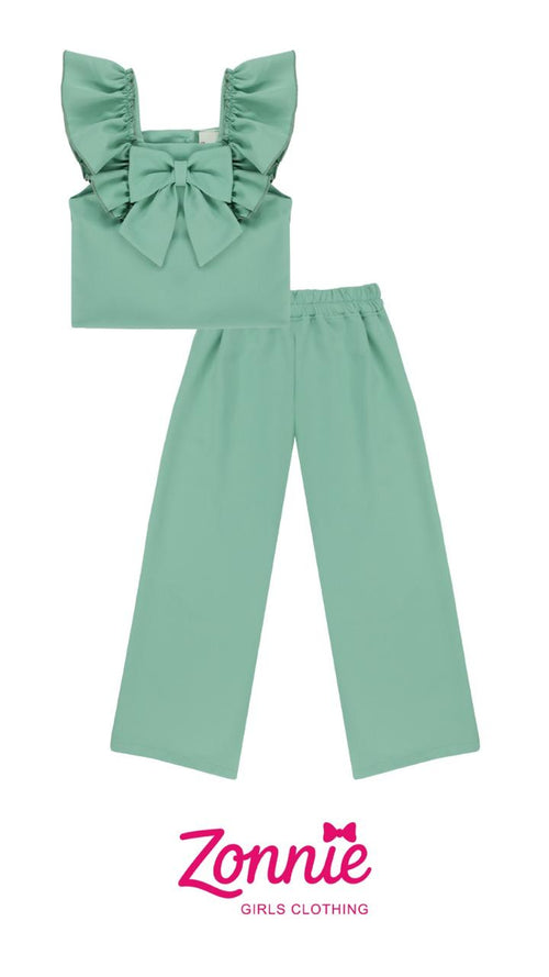 Conjunto "Zonnie Elegance" de 2 Piezas: Top con Moño Maxi y Pantalón Wide Leg para Niña ✨