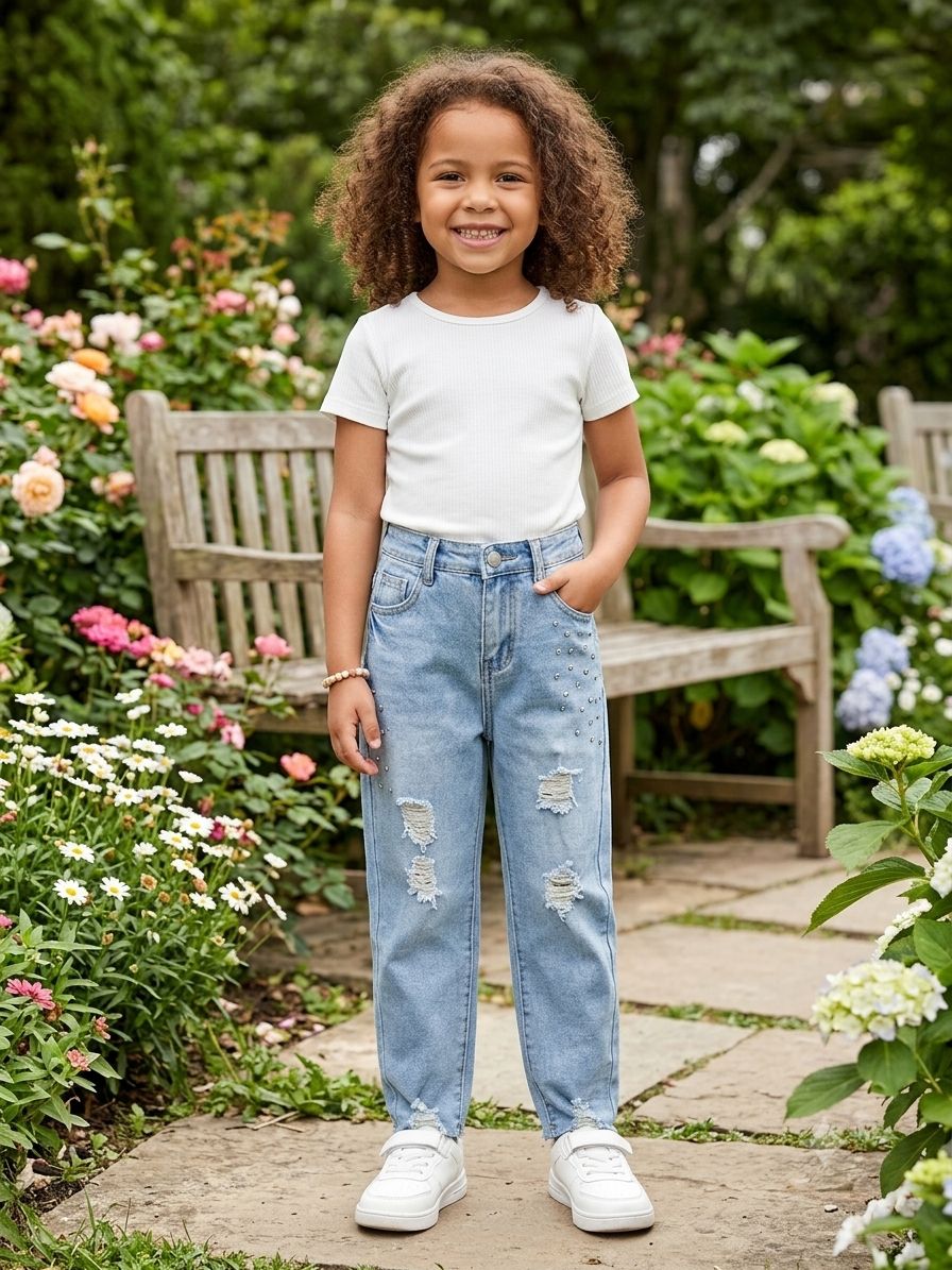eans Rotos con Brillos para Niña | Pantalón Mezclilla Premium Estilo Casual