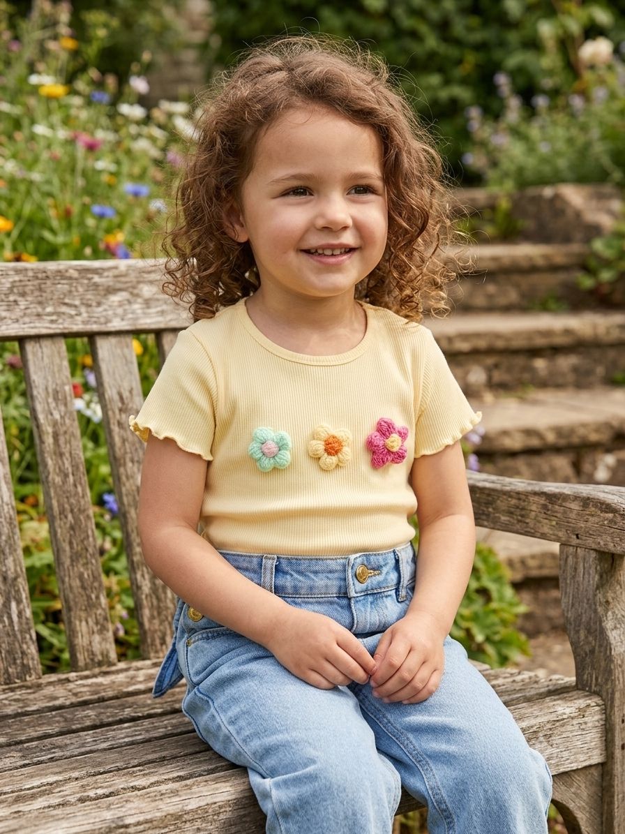 Blusa Acanalada Coquette para Niña con Flores de Crochet