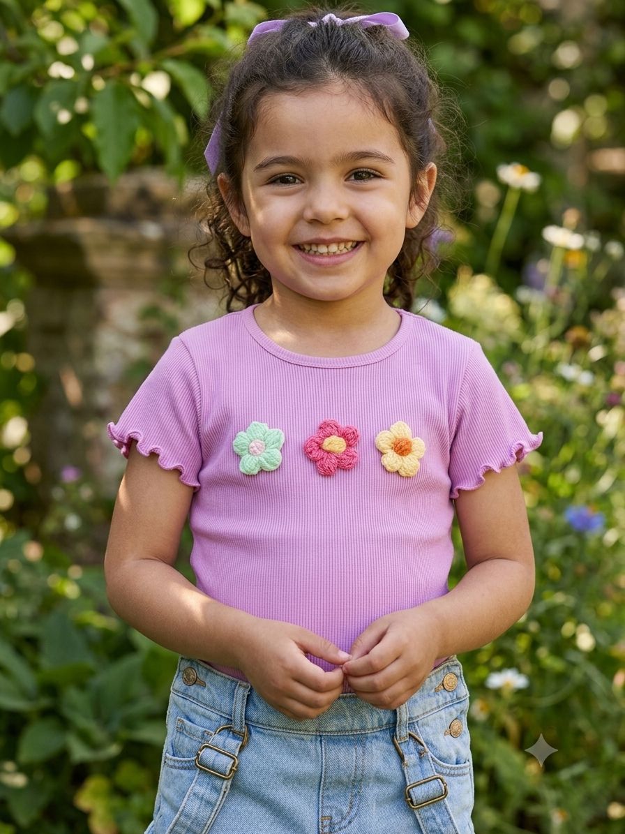 Blusa Acanalada Coquette para Niña con Flores de Crochet