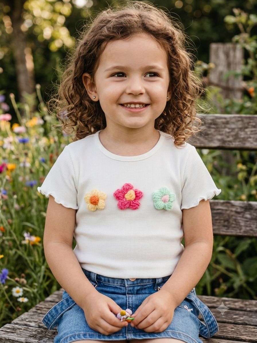 Blusa Acanalada Coquette para Niña con Flores de Crochet