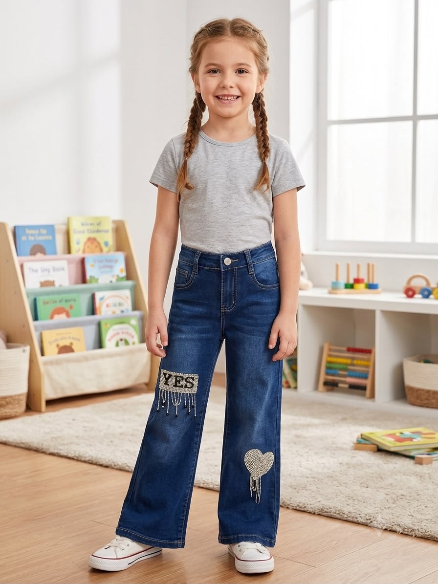 ean Pata Ancha Wide Leg para Niña con Brillos y Aplicación "YES" ✨
