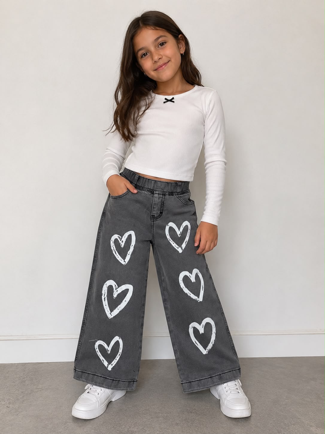 Pantalón Palazzo para Niña con Corazones Estampados | Mezclilla Gris