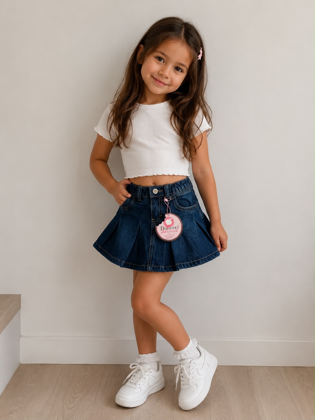 Minifalda Vaquera Plisada para Niña - Durazno Atraction | Ajuste Elástico Cómodo y Tendencia