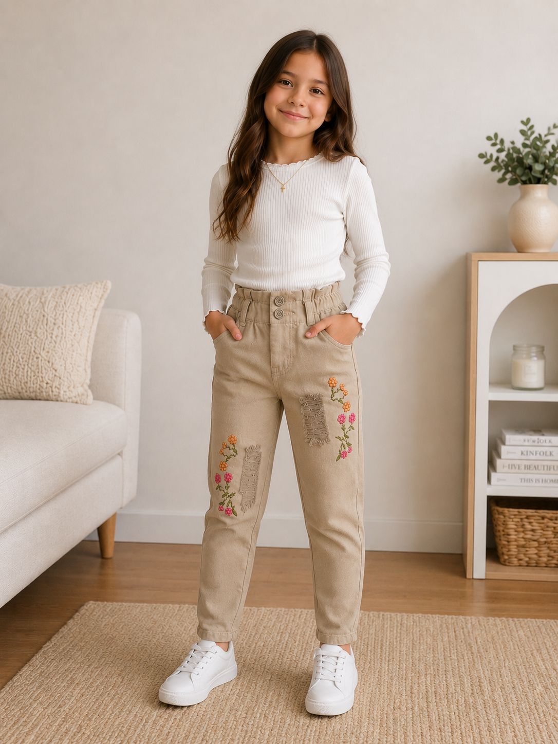 Pantalón Mom Fit para Niña con Bordado Floral | Mezclilla Beige de Cintura Alta | Moda Infantil