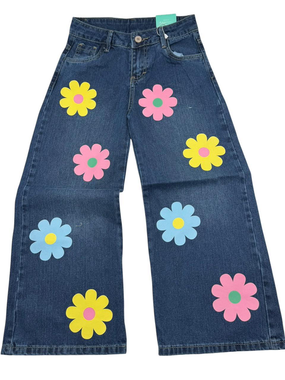 Pantalón Palazzo de Mezclilla para Niña con Flores de Colores
