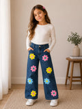 Pantalón Palazzo de Mezclilla para Niña con Flores de Colores