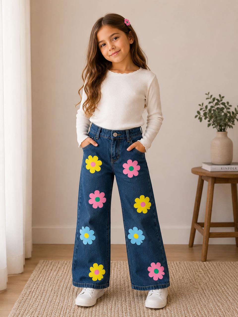 Pantalón Palazzo de Mezclilla para Niña con Flores de Colores