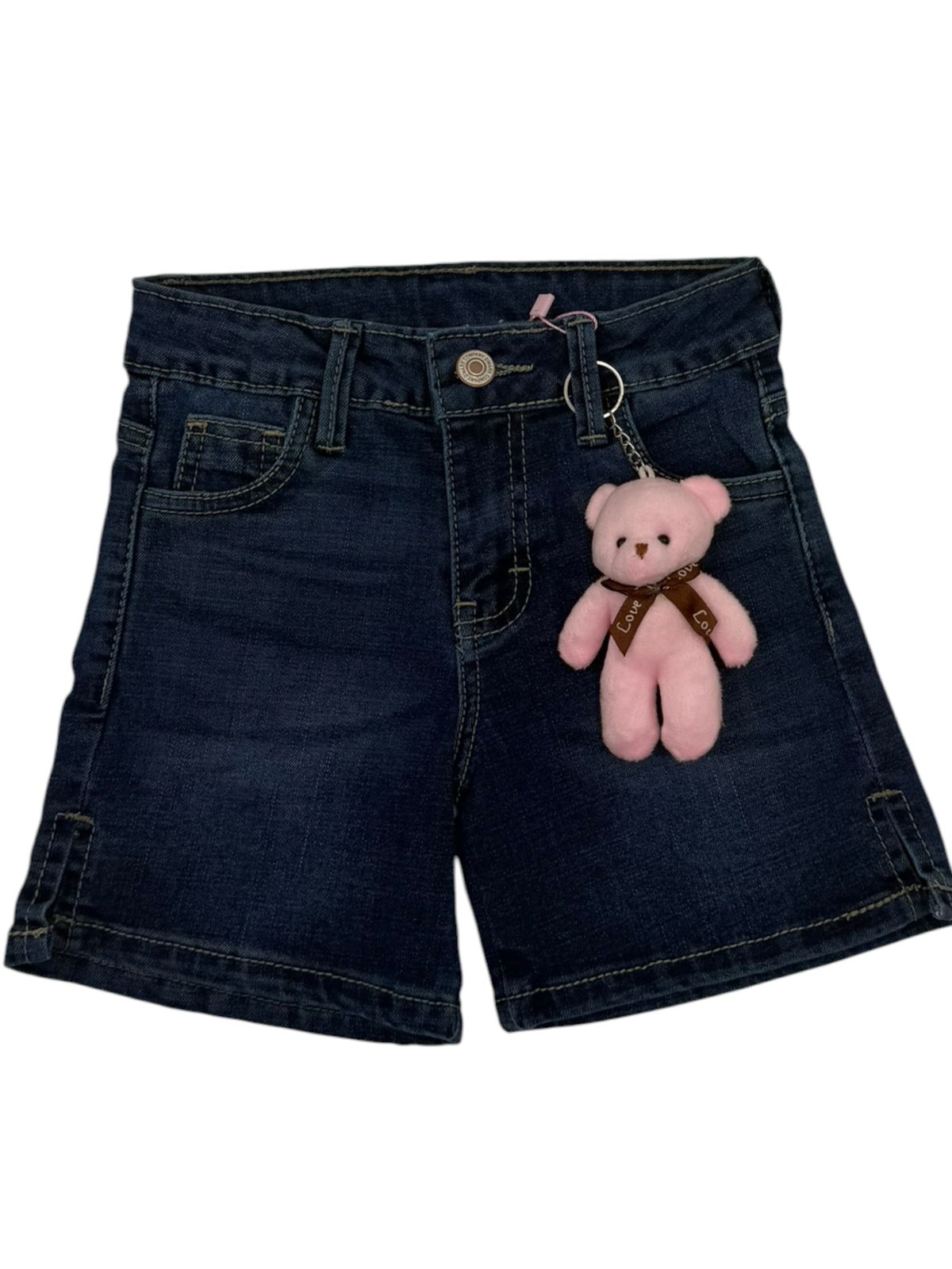 Short de Mezclilla para Niña con Llavero de Osito | Denim Casual Infantil | Azul Claro y Azul Oscuro