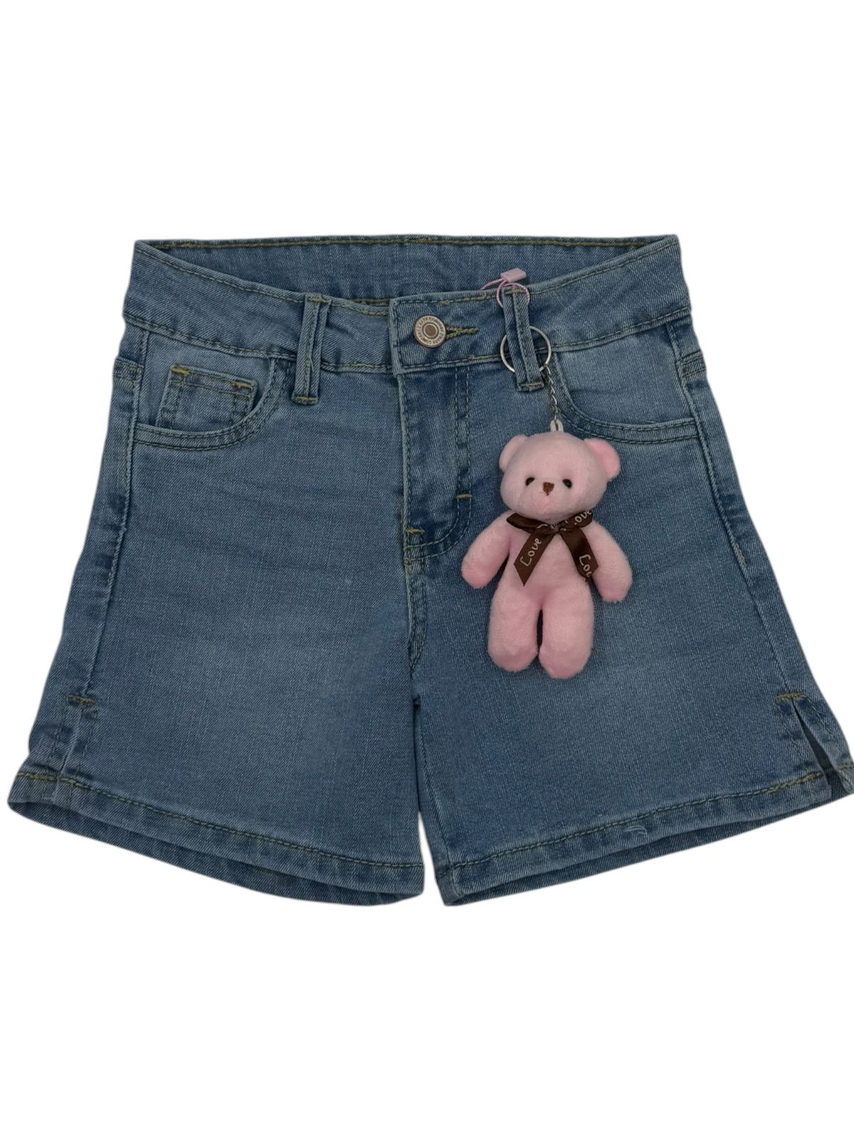 Short de Mezclilla para Niña con Llavero de Osito | Denim Casual Infantil | Azul Claro y Azul Oscuro