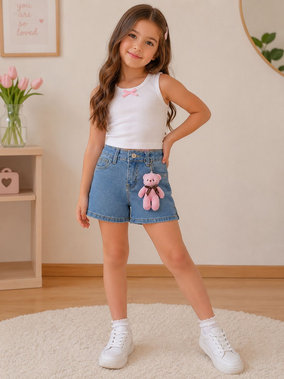 Short de Mezclilla para Niña con Llavero de Osito | Denim Casual Infantil | Azul Claro y Azul Oscuro