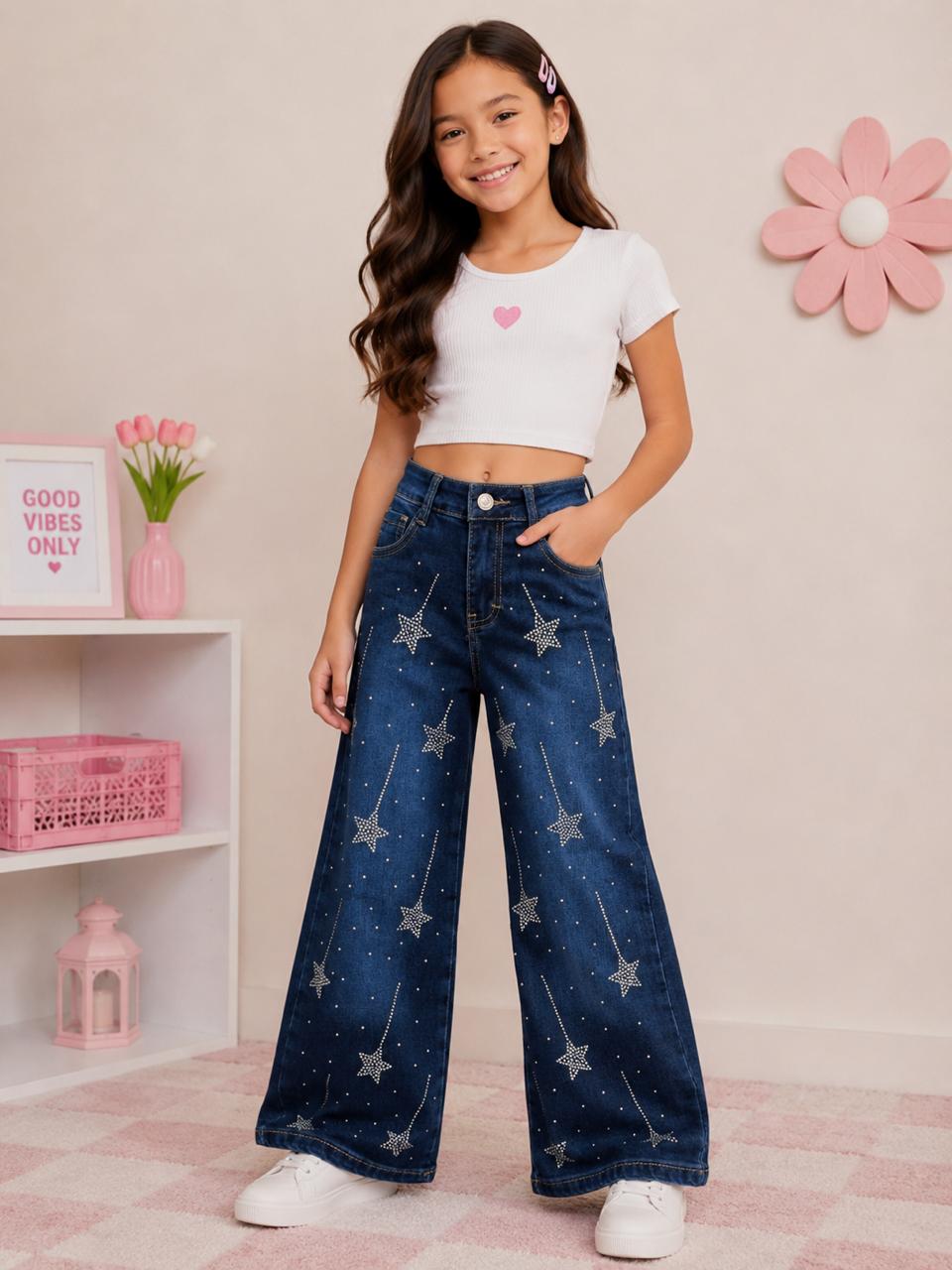 👖 Jeans de Niña Acampanados con Estrellas y Brillantes 🌟 Alta Calidad
