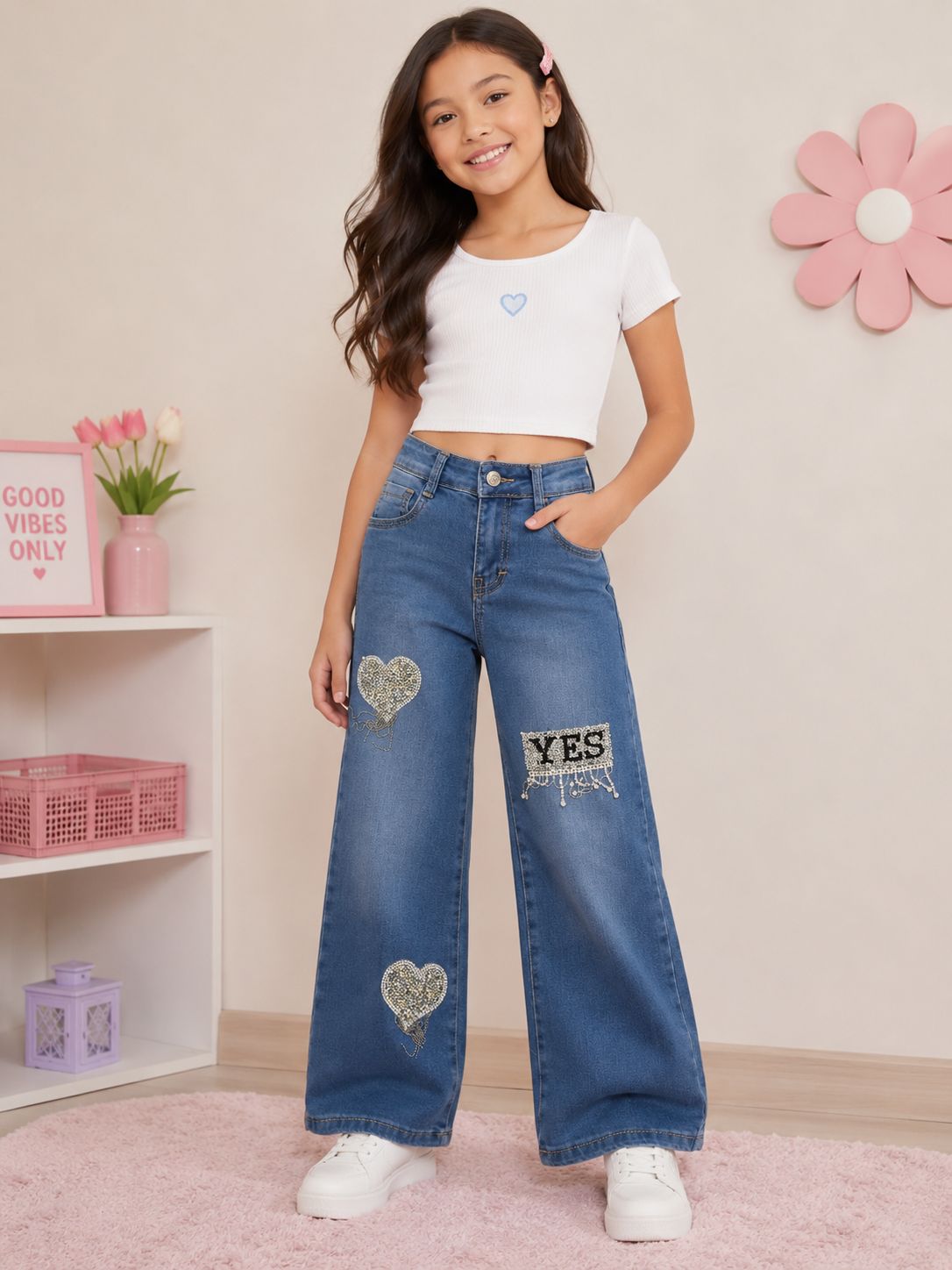 ean Pata Ancha Wide Leg para Niña con Brillos y Aplicación "YES" ✨