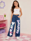 Jeans Anchos para Niña con Estampado de Corazones y Mariposas | Pantalón de Mezclilla Casual Cómodo Fashion