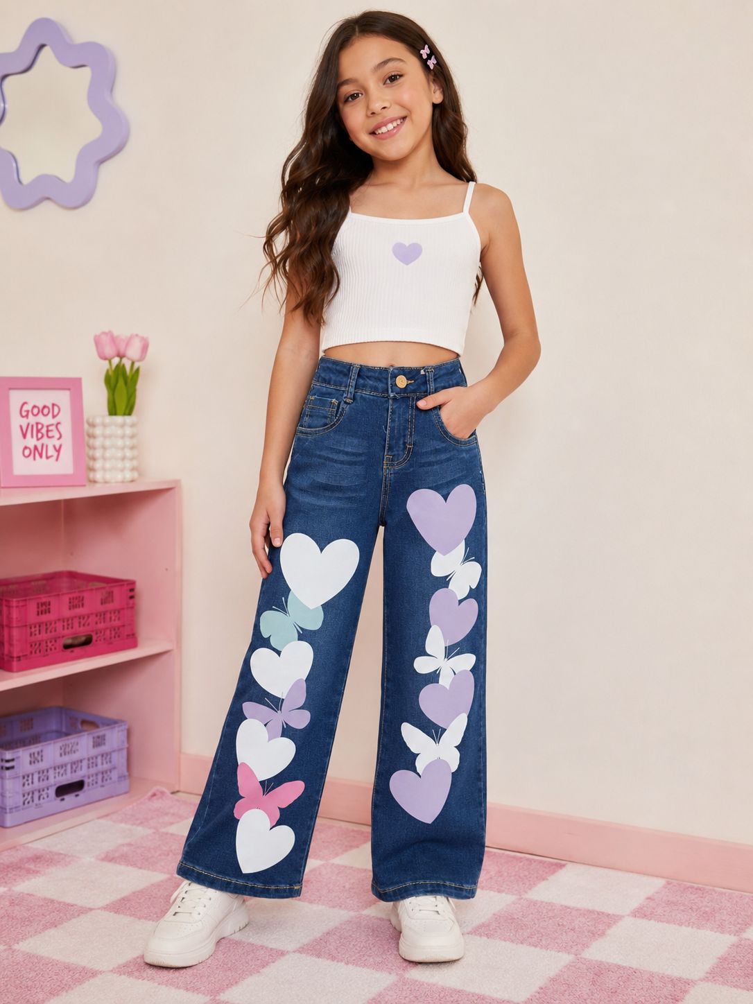 Jeans Anchos para Niña con Estampado de Corazones y Mariposas | Pantalón de Mezclilla Casual Cómodo Fashion