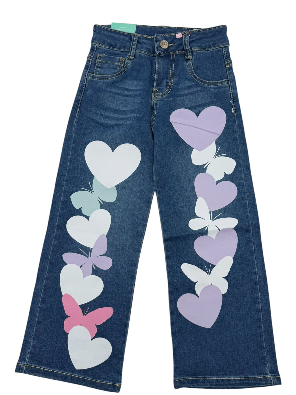 Jeans Anchos para Niña con Estampado de Corazones y Mariposas | Pantalón de Mezclilla Casual Cómodo Fashion
