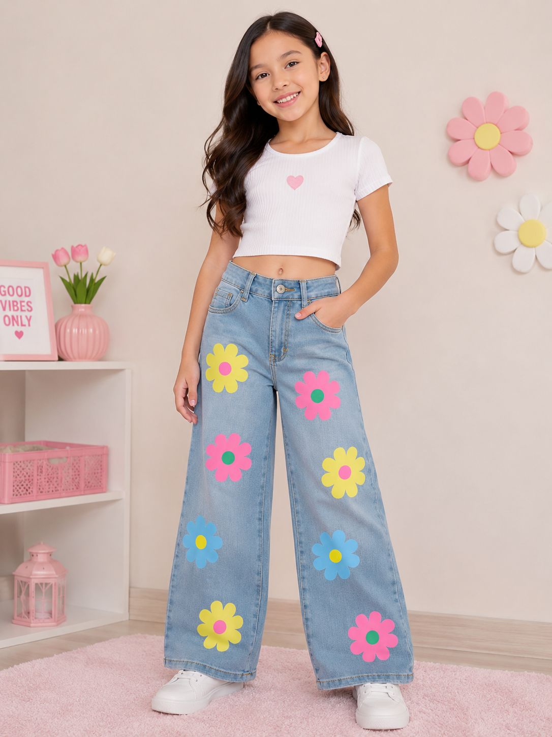 Pantalón Palazzo de Mezclilla para Niña con Flores de Colores