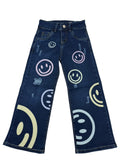 Jeans Anchos de Niña con Caritas Felices de Colores | Pantalón Denim Wide Leg Juvenil con Roturas Estilo Aesthetic Moderno