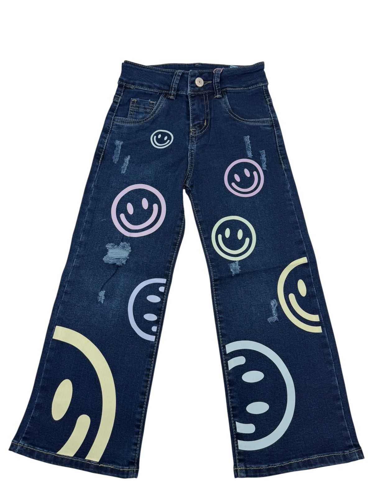 Jeans Anchos de Niña con Caritas Felices de Colores | Pantalón Denim Wide Leg Juvenil con Roturas Estilo Aesthetic Moderno