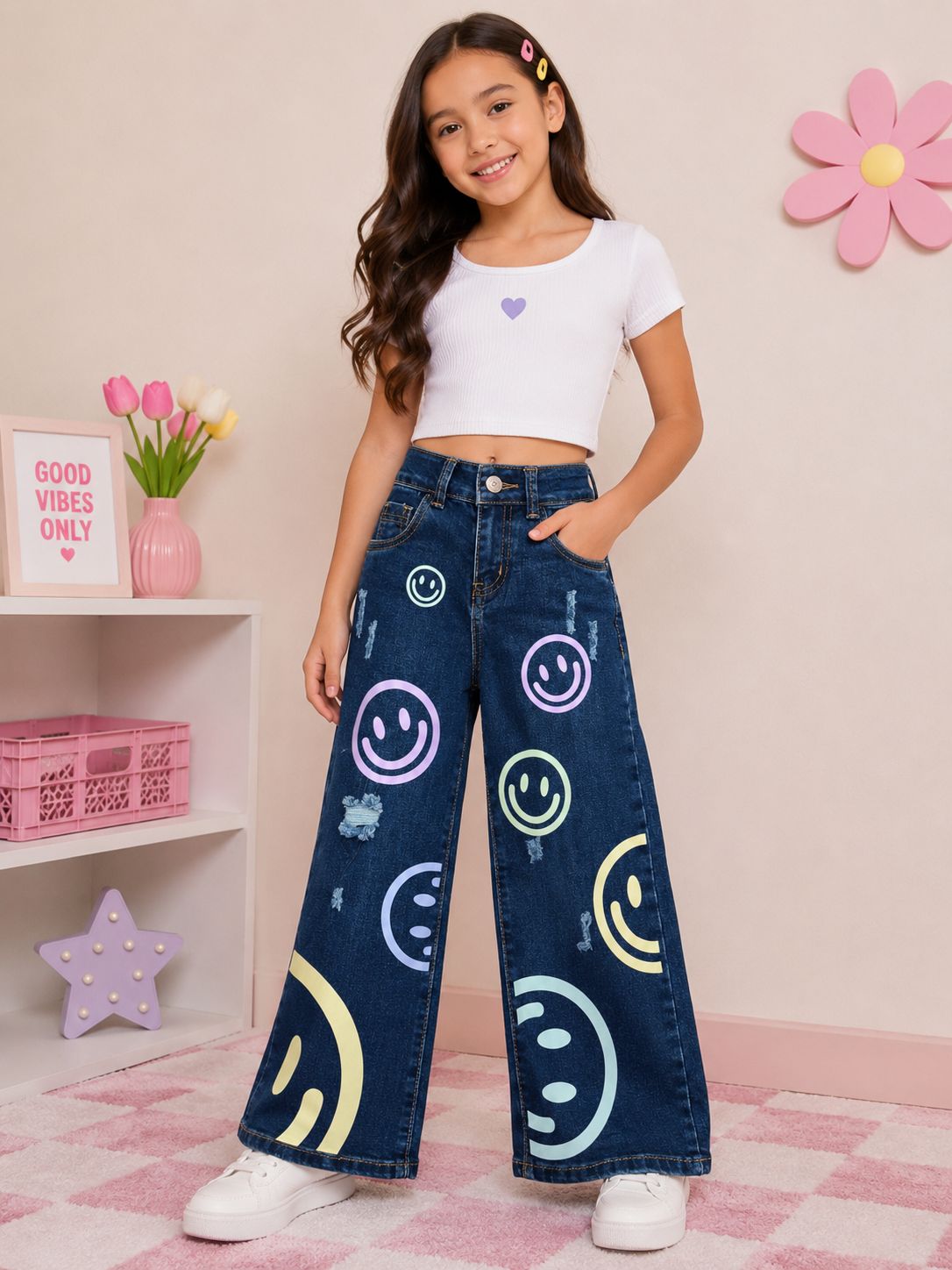 Jeans Anchos de Niña con Caritas Felices de Colores | Pantalón Denim Wide Leg Juvenil con Roturas Estilo Aesthetic Moderno
