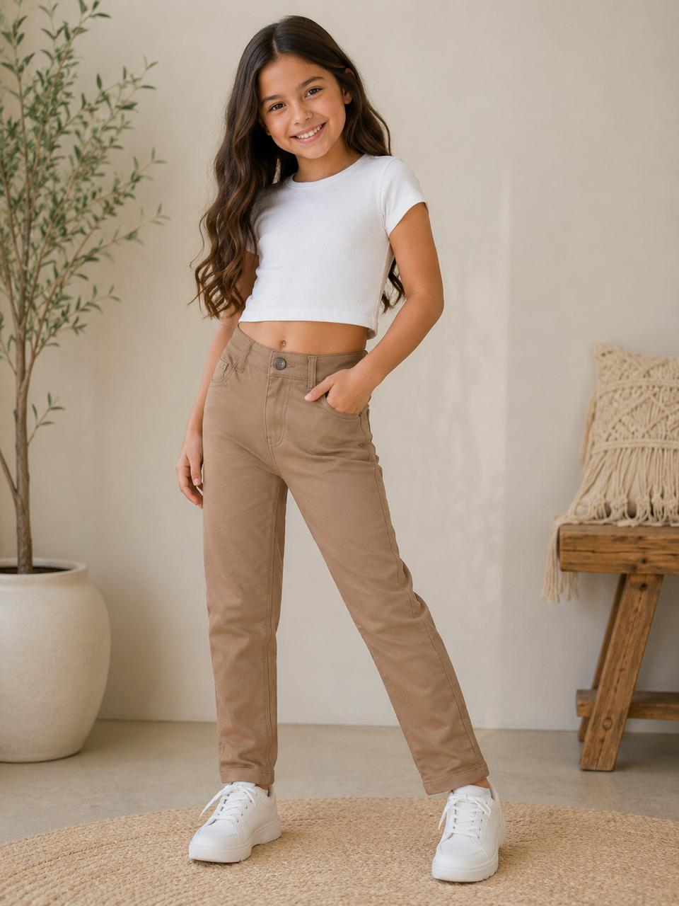 Pantalón Recto para Niña | Stretch, Cómodo y Casual | Color Caqui