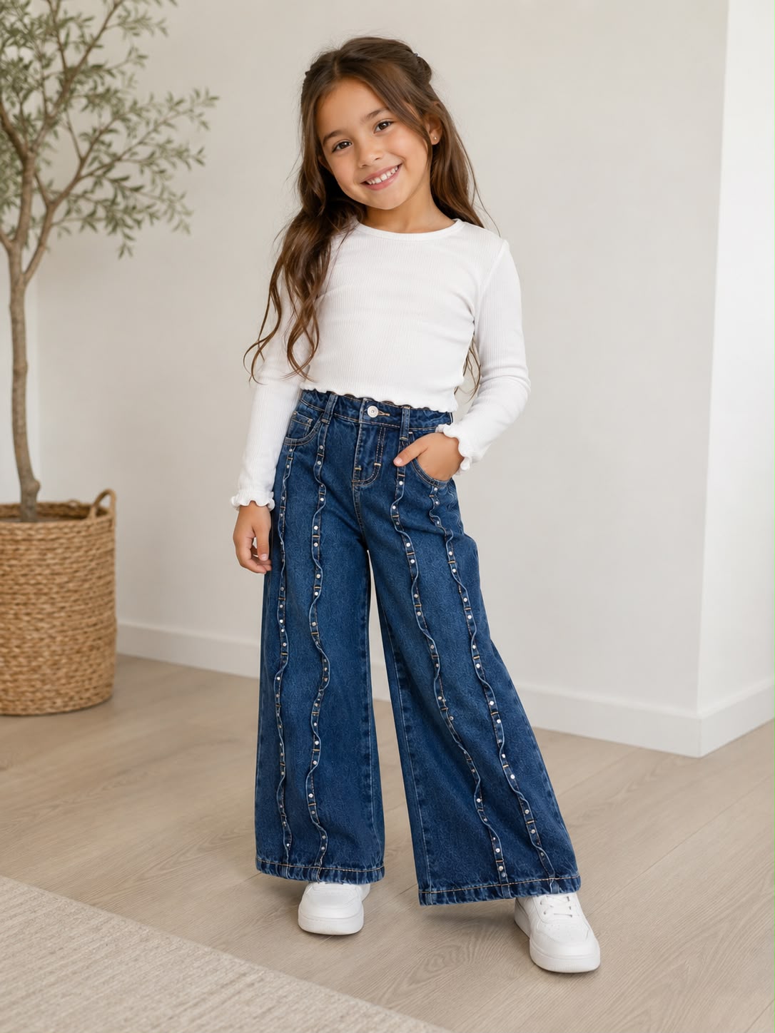 Para Jeans de Brillos y Costura Ondulada